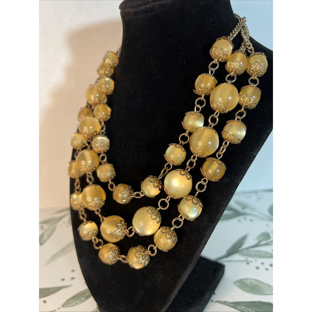 Vintage Butterscotch Lucite Beaded Necklace Multi Strand Filigree Caps Bib 1950s - Picture 7 of 8